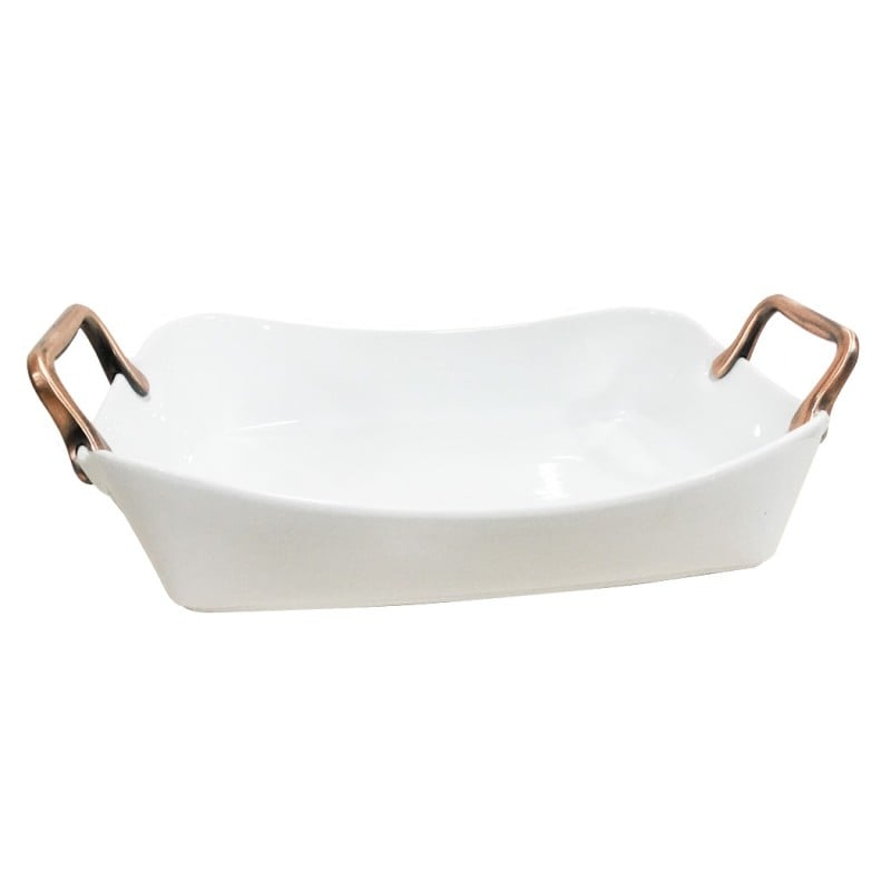 Fuente Rectangular Alta Blanca Con Asas Doradas 39X25Cm Contour